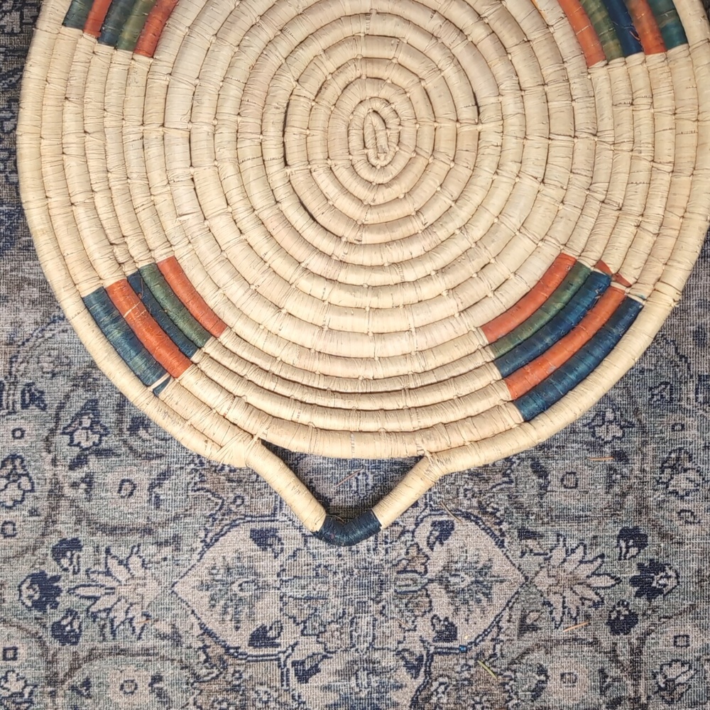 Vintage Woven Basket with Blue and Orange Accents & Handles To Hand Or Hold